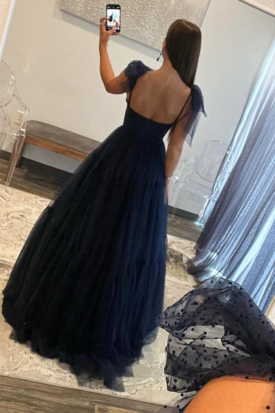 Dark Navy Blue Tulle Long Prom Dresses, Dark Navy Blue Long Tulle Formal Evening Dresses