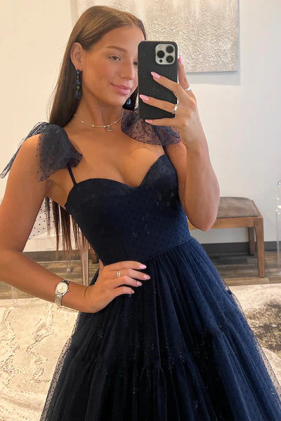 Dark Navy Blue Tulle Long Prom Dresses, Dark Navy Blue Long Tulle Formal Evening Dresses