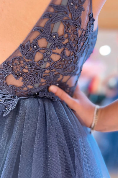 Deep V Neck Blue Beaded Appliques Multi Layers Long Prom Dress, Multi Layers Long Formal Lace Evening Dresses