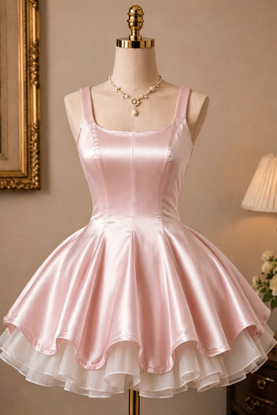Double Straps Short Pink Blue Black Satin Prom Dresses, Short Pink Blue Black Formal Graduation Dresses