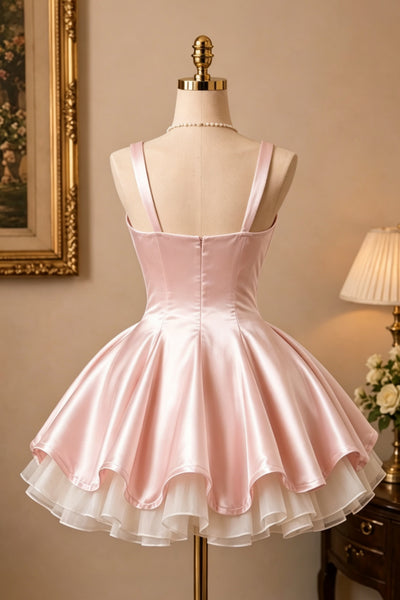 Double Straps Short Pink Blue Black Satin Prom Dresses, Short Pink Blue Black Formal Graduation Dresses