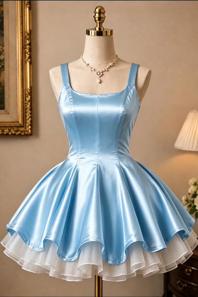 Double Straps Short Pink Blue Black Satin Prom Dresses, Short Pink Blue Black Formal Graduation Dresses