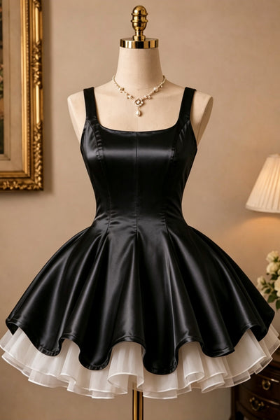 Double Straps Short Pink Blue Black Satin Prom Dresses, Short Pink Blue Black Formal Graduation Dresses
