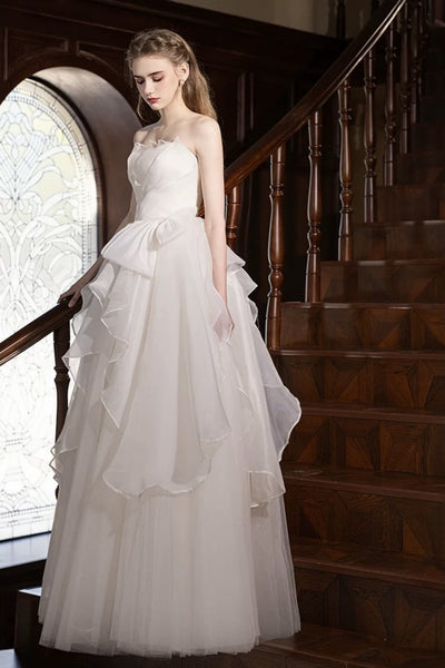 Elegant Strapless White Organza Long Wedding Dresses with Bow, Strapless White Organza Long Bridal Gowns