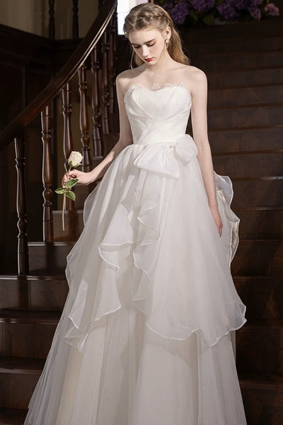 Elegant Strapless White Organza Long Wedding Dresses with Bow, Strapless White Organza Long Bridal Gowns