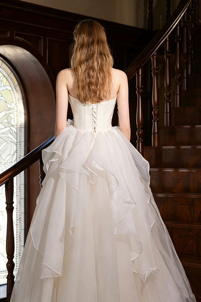 Elegant Strapless White Organza Long Wedding Dresses with Bow, Strapless White Organza Long Bridal Gowns