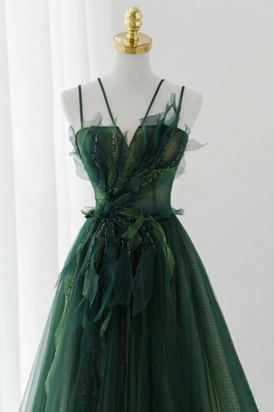 Green Floral Long Beaded Prom Dresses, Dark Green Floral Long Formal Dresses