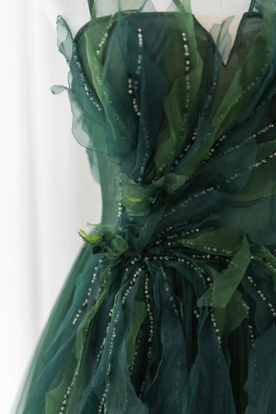 Green Floral Long Beaded Prom Dresses, Dark Green Floral Long Formal Dresses