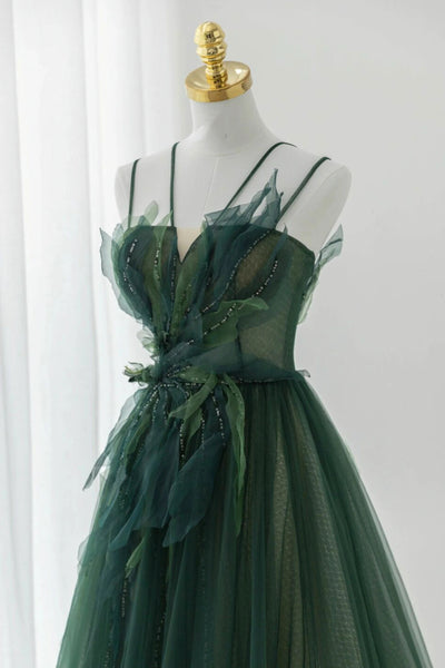 Green Floral Long Beaded Prom Dresses, Dark Green Floral Long Formal Dresses