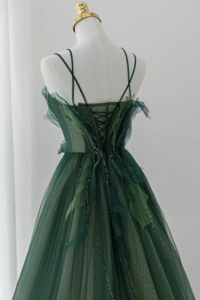 Green Floral Long Beaded Prom Dresses, Dark Green Floral Long Formal Dresses