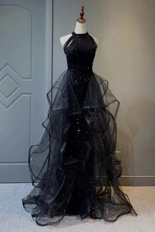 Halter Neck Black Navy Tulle Sequin Long Prom Dresses, Black Navy Long Formal Dresses