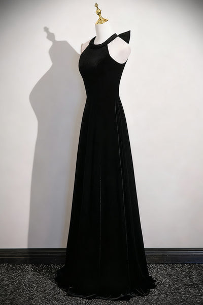 Halter Neck Black Velvet Long Prom Dresses, Black Velvet Long Formal Evening Dresses