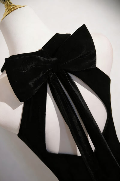 Halter Neck Black Velvet Long Prom Dresses, Black Velvet Long Formal Evening Dresses