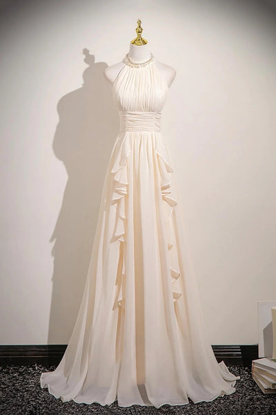 Halter Neck Champagne Chiffon Long Prom Dresses, Champagne Halter Neck Formal Evening Dresses