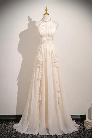 Halter Neck Champagne Chiffon Long Prom Dresses, Champagne Halter Neck Formal Evening Dresses