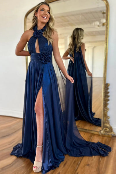 Halter Neck Dark Navy Blue Prom Dresses, Halter Neck Dark Blue Formal Dresses