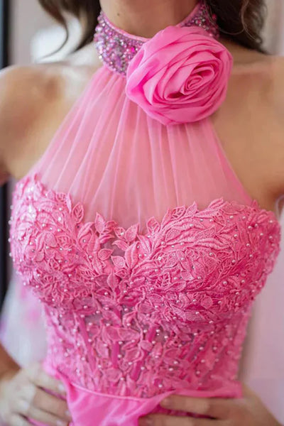 Halter Neck Open Back Pink Lace Layered Long Prom Dresses, Layered Pink Formal Dresses, Pink Lace Evening Dresses