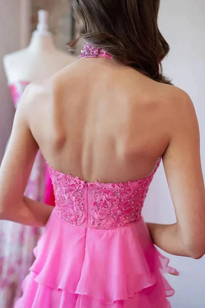 Halter Neck Open Back Pink Lace Layered Long Prom Dresses, Layered Pink Formal Dresses, Pink Lace Evening Dresses