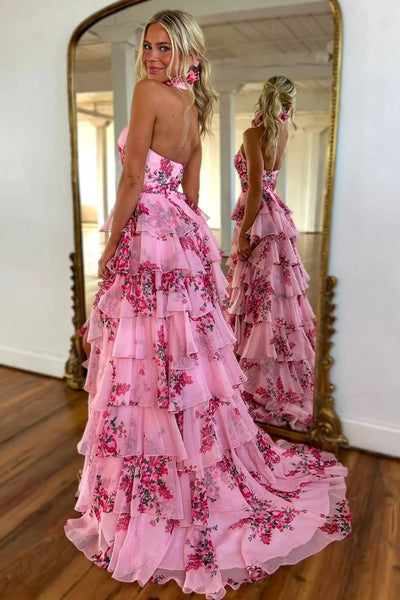 Halter Neck Pink Floral Layered Long Prom Dresses, Halter Neck Pink Floral Layered Long Formal Evening Dresses