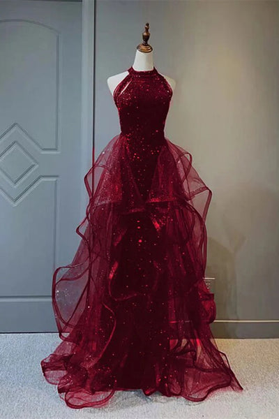Halter Neck Black Navy Tulle Sequin Long Prom Dresses, Black Navy Long Formal Dresses