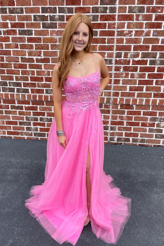 Hot Pink Backless Lace Long Prom Dresses, Open Back Hot Pink Long Lace Formal Evening Dresses