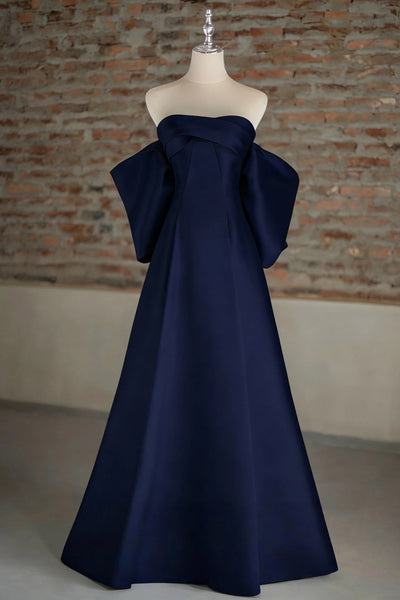Off the Shoulder Blue Black Long Satin Prom Dresses, Off Shoulder Blue Black Long Formal Evening Dresses