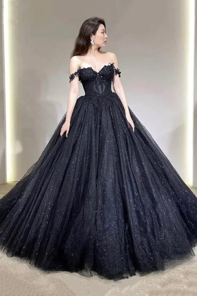 Off the Shoulder Black Lace Prom Dresses, Off Shoulder Black Long Lace Formal Evening Dresses