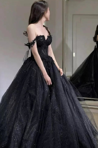Off the Shoulder Black Lace Prom Dresses, Off Shoulder Black Long Lace Formal Evening Dresses