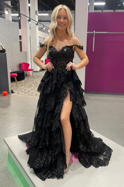 Off the Shoulder Black Layered Lace Prom Dresses, Black Layered Lace Formal Evening Dresses