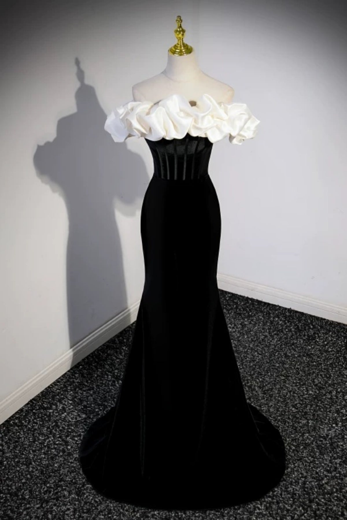 Off the Shoulder Black White Long Mermaid Prom Dresses, Long Mermaid Formal Evening Dresses