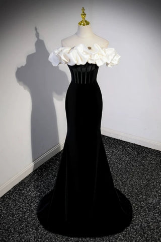 Off the Shoulder Black White Long Mermaid Prom Dresses, Long Mermaid Formal Evening Dresses