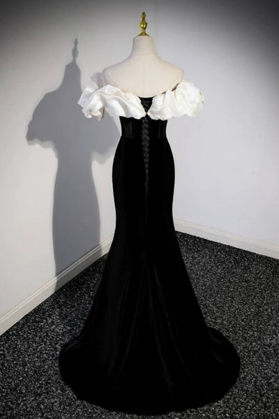 Off the Shoulder Black White Long Mermaid Prom Dresses, Long Mermaid Formal Evening Dresses