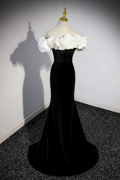 Off the Shoulder Black White Long Mermaid Prom Dresses, Long Mermaid Formal Evening Dresses