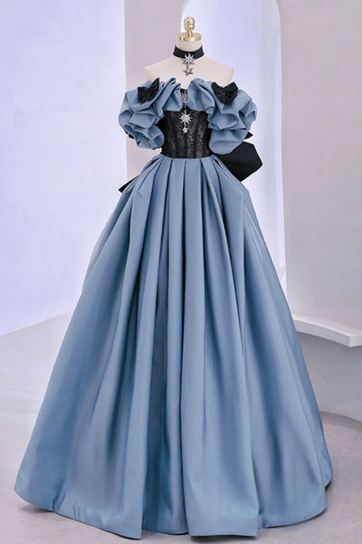 Off the Shoulder Blue Black Lace Prom Dresses, Blue Black Lace Formal Graduation Dresses