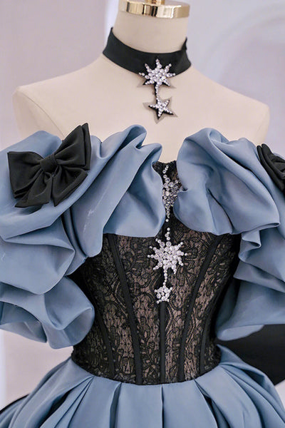 Off the Shoulder Blue Black Lace Prom Dresses, Blue Black Lace Formal Graduation Dresses