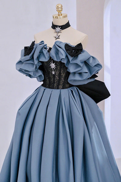Off the Shoulder Blue Black Lace Prom Dresses, Blue Black Lace Formal Graduation Dresses