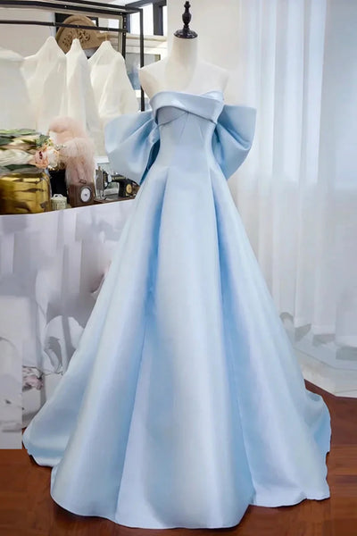 Off the Shoulder Blue Black Long Satin Prom Dresses, Off Shoulder Blue Black Long Formal Evening Dresses