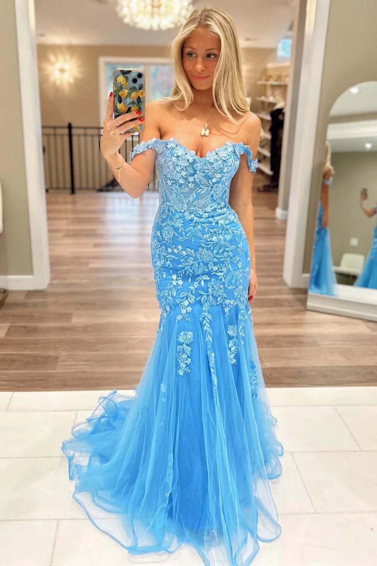 Off the Shoulder Blue Lace Mermaid Long Prom Dresses, Blue Lace Appliques Mermaid Formal Evening Dresses