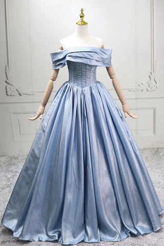 Off the Shoulder Blue Satin Long Prom Dresses, Off Shoulder Blue Long Formal Evening Dresses