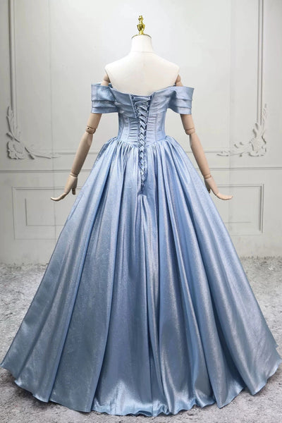 Off the Shoulder Blue Satin Long Prom Dresses, Off Shoulder Blue Long Formal Evening Dresses