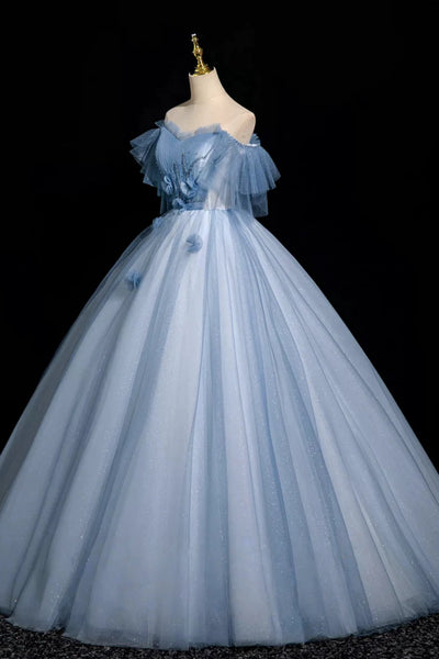 Off the Shoulder Blue Tulle Long Prom Dresses, Blue Tulle Long Formal Evening Dresses
