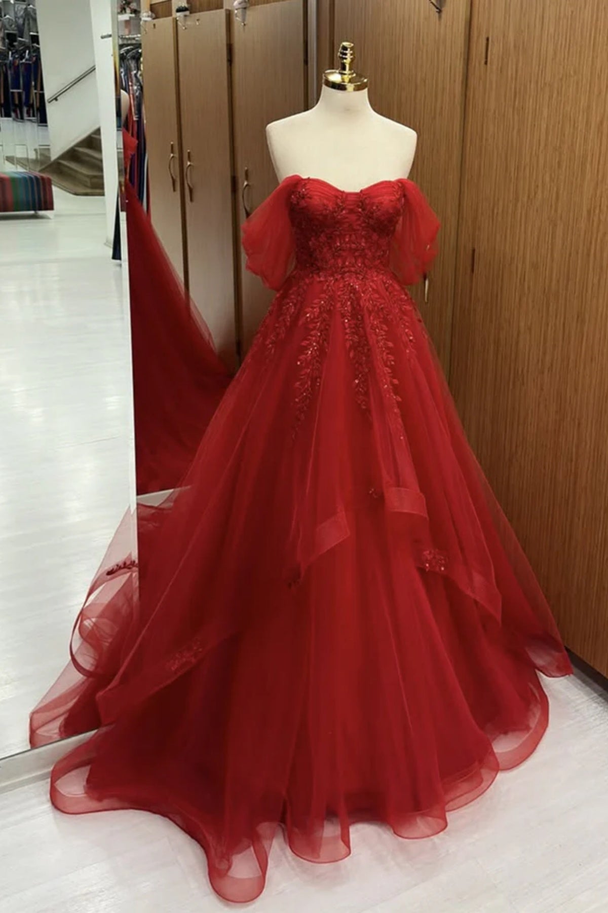 Off the Shoulder Burgundy Lace Prom Dresses, Wine Red Lace Formal Graduation Dresses