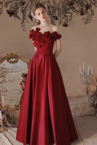 Off the Shoulder Burgundy Long Prom Dresses with Butterfly, Wine Red Long Formal Graduation Dresses