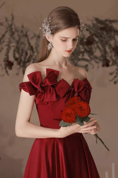 Off the Shoulder Burgundy Long Prom Dresses with Butterfly, Wine Red Long Formal Graduation Dresses
