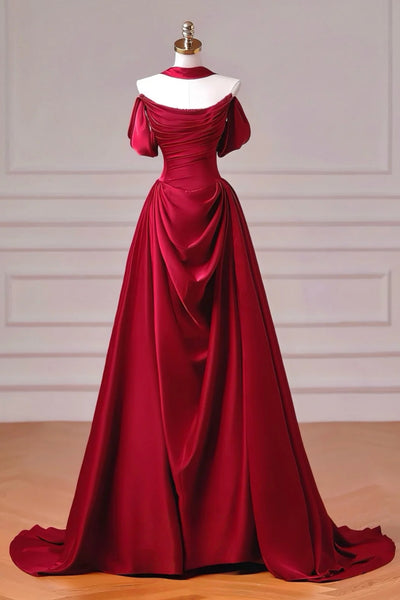 Off the Shoulder Burgundy Satin Long Prom Dresses, Off Shoulder Dark Red Long Formal Dresses