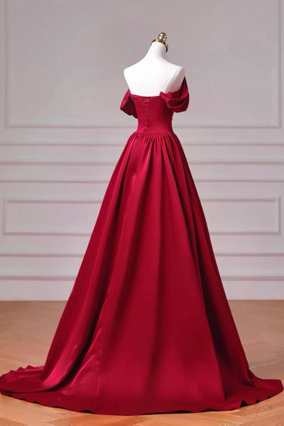Off the Shoulder Burgundy Satin Long Prom Dresses, Off Shoulder Dark Red Long Formal Dresses