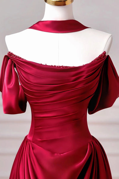 Off the Shoulder Burgundy Satin Long Prom Dresses, Off Shoulder Dark Red Long Formal Dresses