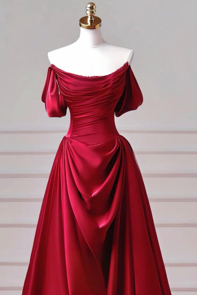 Off the Shoulder Burgundy Satin Long Prom Dresses, Off Shoulder Dark Red Long Formal Dresses