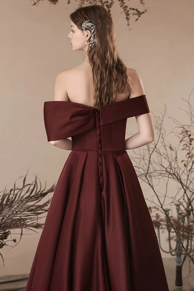 Off the Shoulder Burgundy Satin Long Prom Dresses, Wine Red Off Shoulder Long Formal Evening Dresses