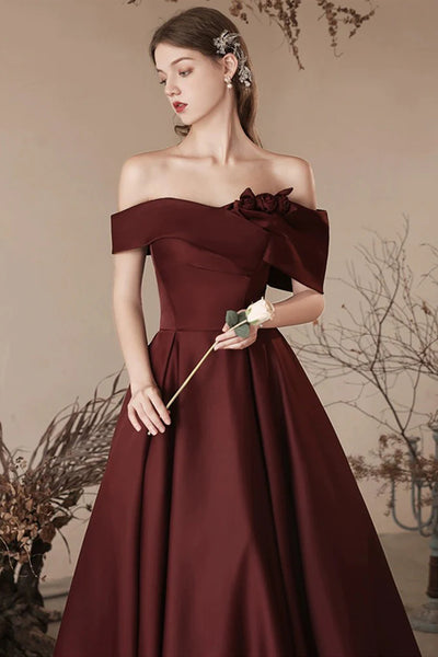 Off the Shoulder Burgundy Satin Long Prom Dresses, Wine Red Off Shoulder Long Formal Evening Dresses